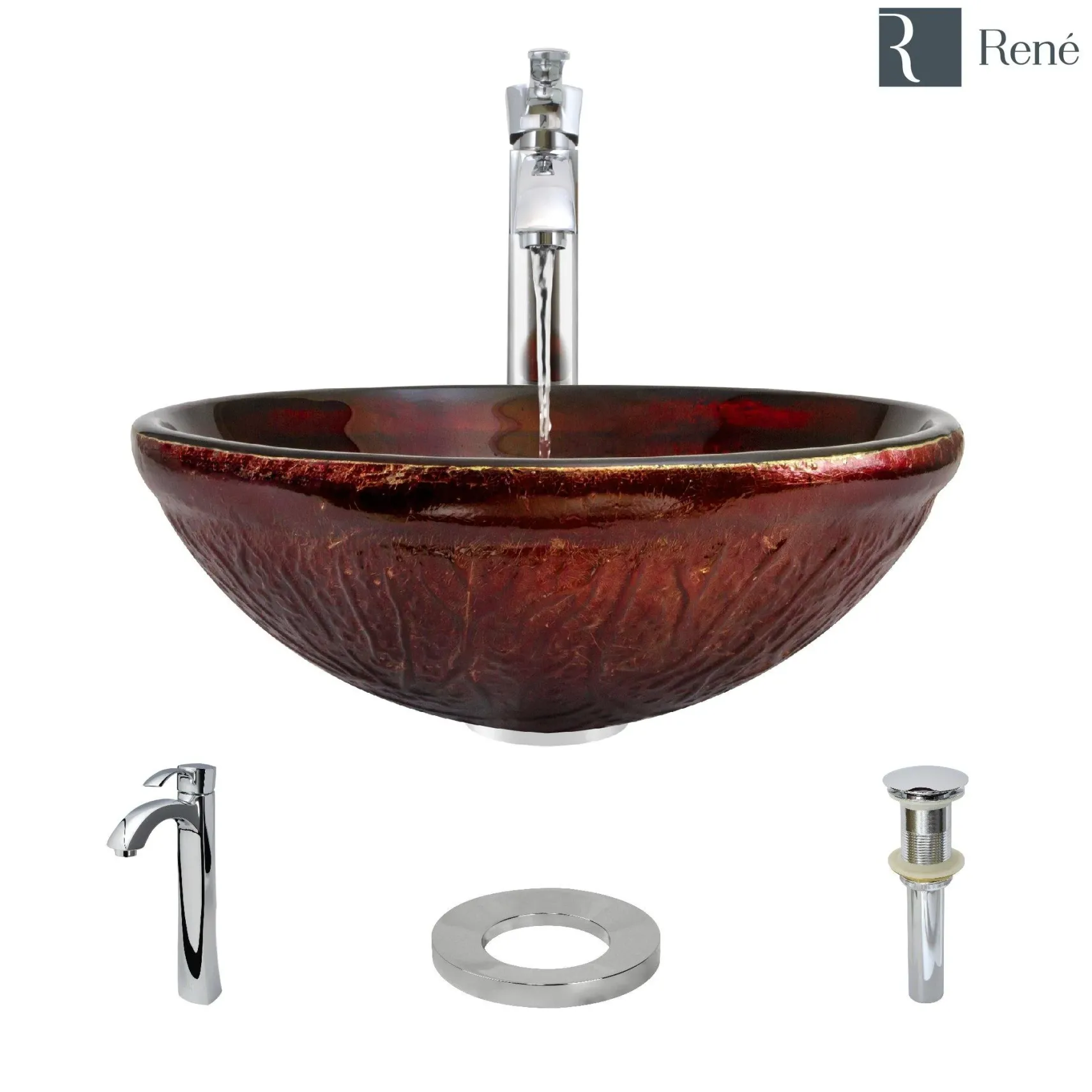 Rene 17" Round Glass Bathroom Sink, Fiery Red, with Faucet, R5-5018-R9-7006-C