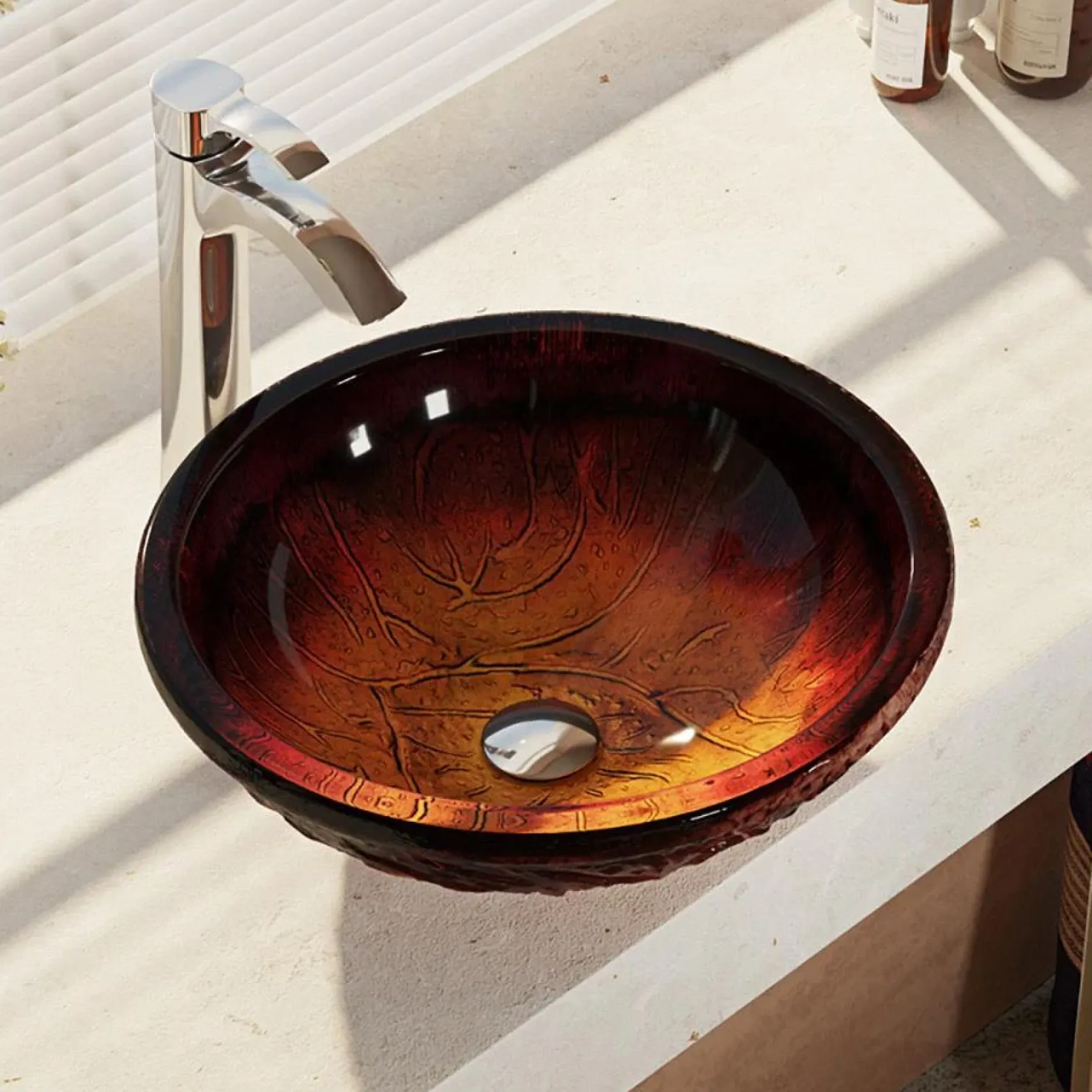 Rene 17" Round Glass Bathroom Sink, Fiery Red, with Faucet, R5-5018-R9-7006-C