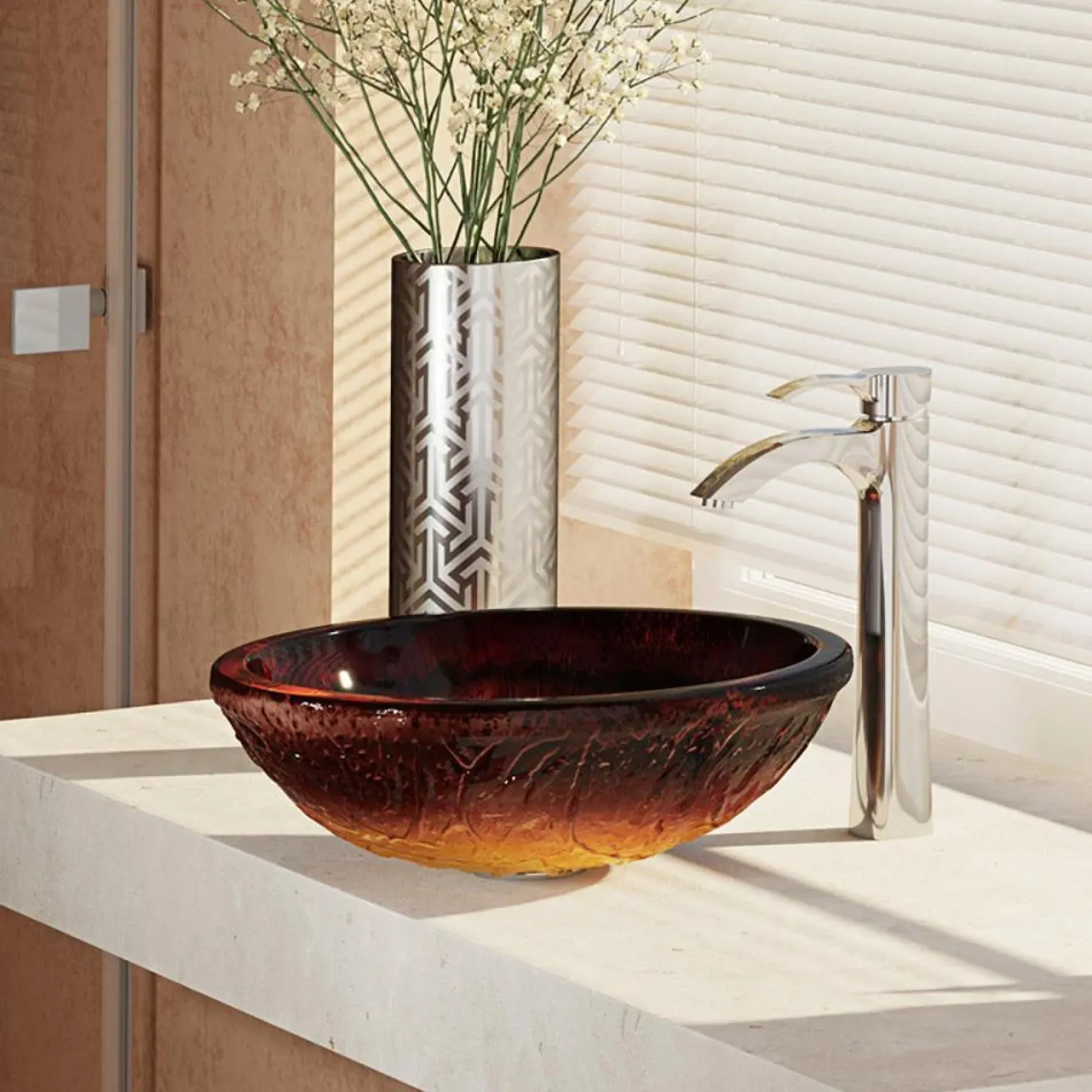 Rene 17" Round Glass Bathroom Sink, Fiery Red, with Faucet, R5-5018-R9-7006-C