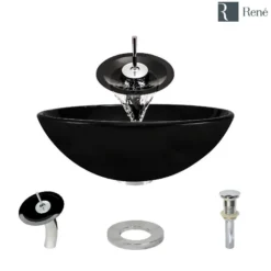 Rene 17" Round Glass Bathroom Sink, Noir, with Faucet, R5-5001-NOR-WF-C