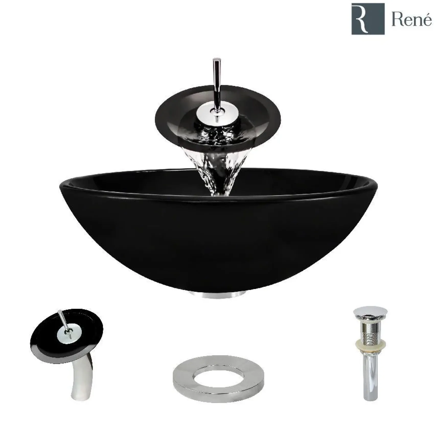 Rene 17" Round Glass Bathroom Sink, Noir, with Faucet, R5-5001-NOR-WF-C