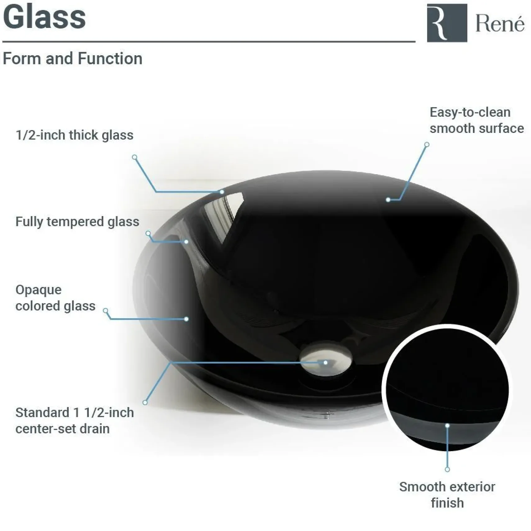 Rene 17" Round Glass Bathroom Sink, Noir, with Faucet, R5-5001-NOR-WF-C