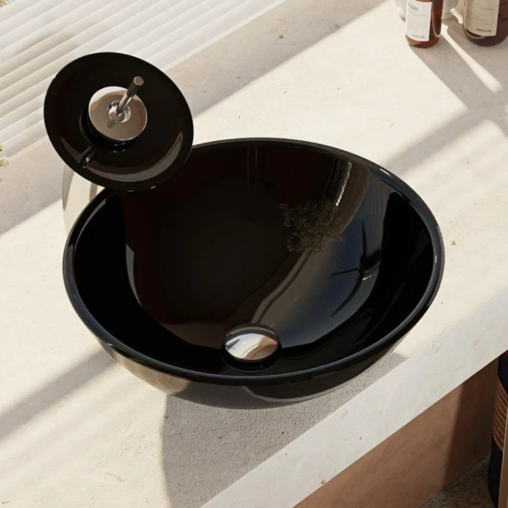 Rene 17" Round Glass Bathroom Sink, Noir, with Faucet, R5-5001-NOR-WF-C