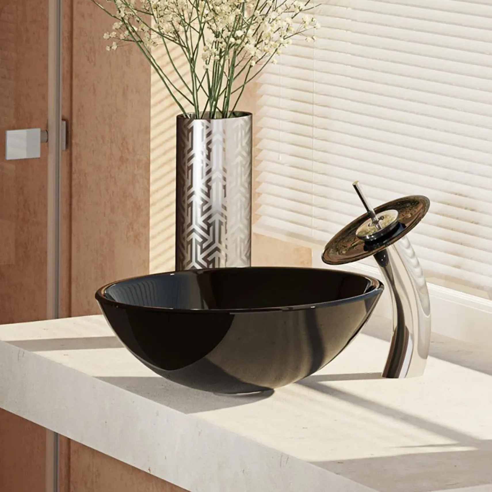 Rene 17" Round Glass Bathroom Sink, Noir, with Faucet, R5-5001-NOR-WF-C