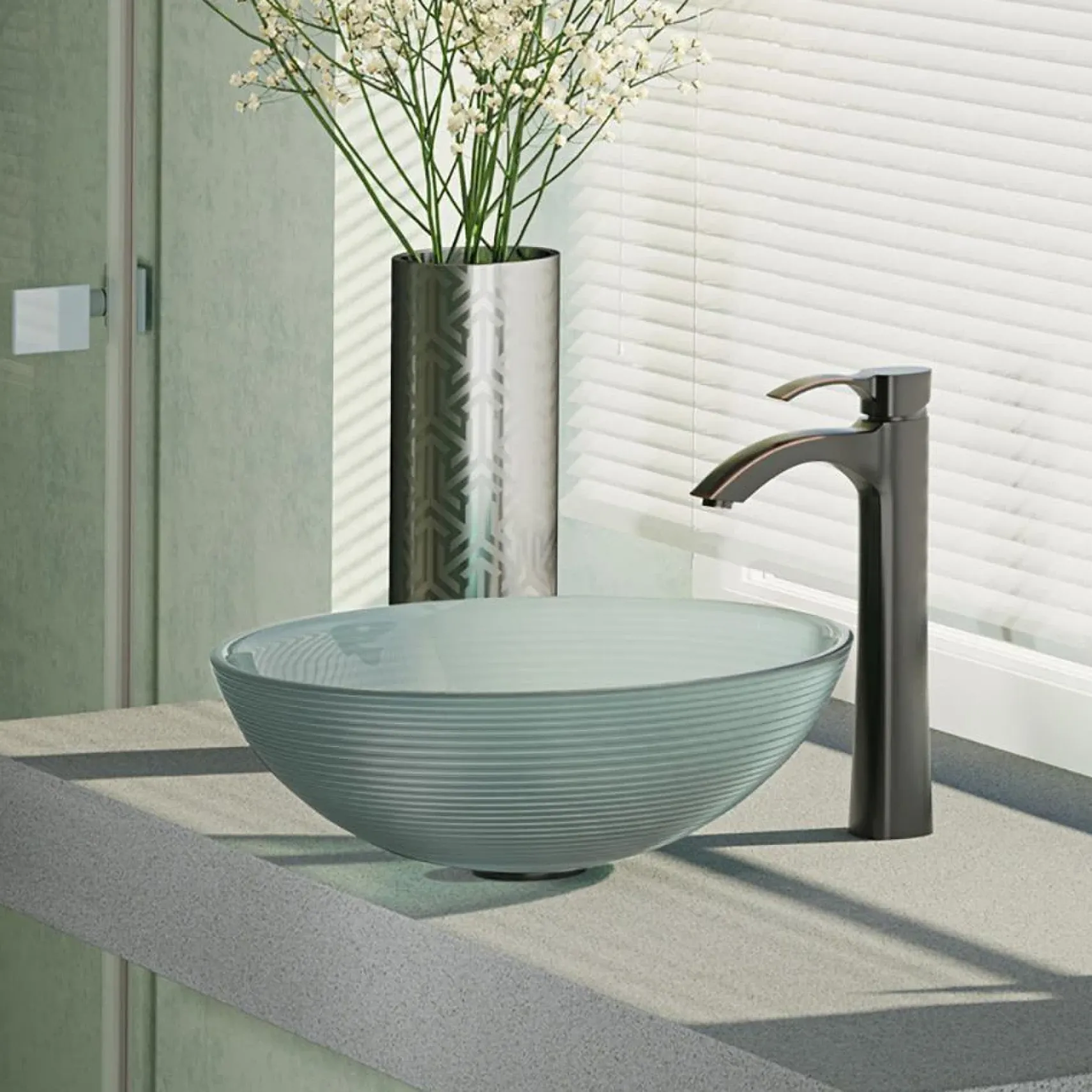 Rene 17" Round Glass Bathroom Sink, Sparkling Silver, with Faucet, R5-5034-R9-7006-ABR