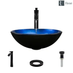 Rene 17" Round Glass Bathroom Sink, Gradient Blue, with Faucet, R5-5008-R9-7006-ABR