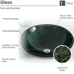 Rene 17" Round Glass Bathroom Sink, Forest Green, with Faucet, R5-5027-R9-7003-C