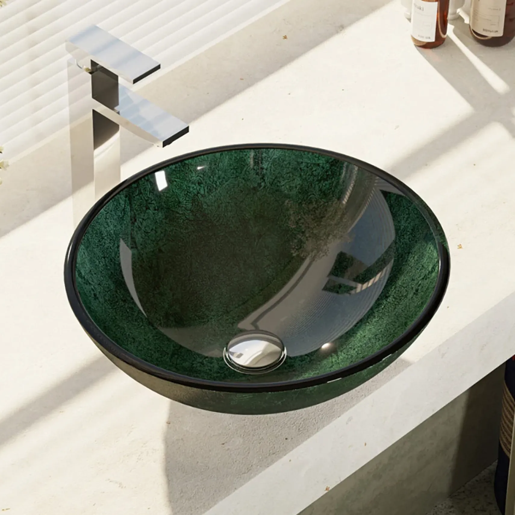 Rene 17" Round Glass Bathroom Sink, Forest Green, with Faucet, R5-5027-R9-7003-C