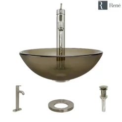 Rene 17" Round Glass Bathroom Sink, Cashmere, with Faucet, R5-5001-CAS-R9-7001-BN