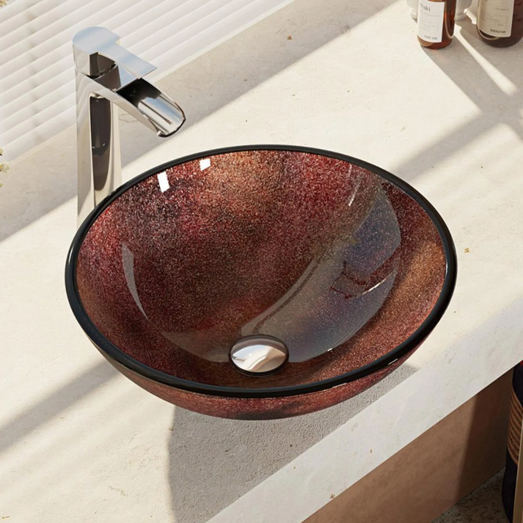 Rene 17" Round Glass Bathroom Sink, Multi-Color, with Faucet, R5-5014-R9-7007-C