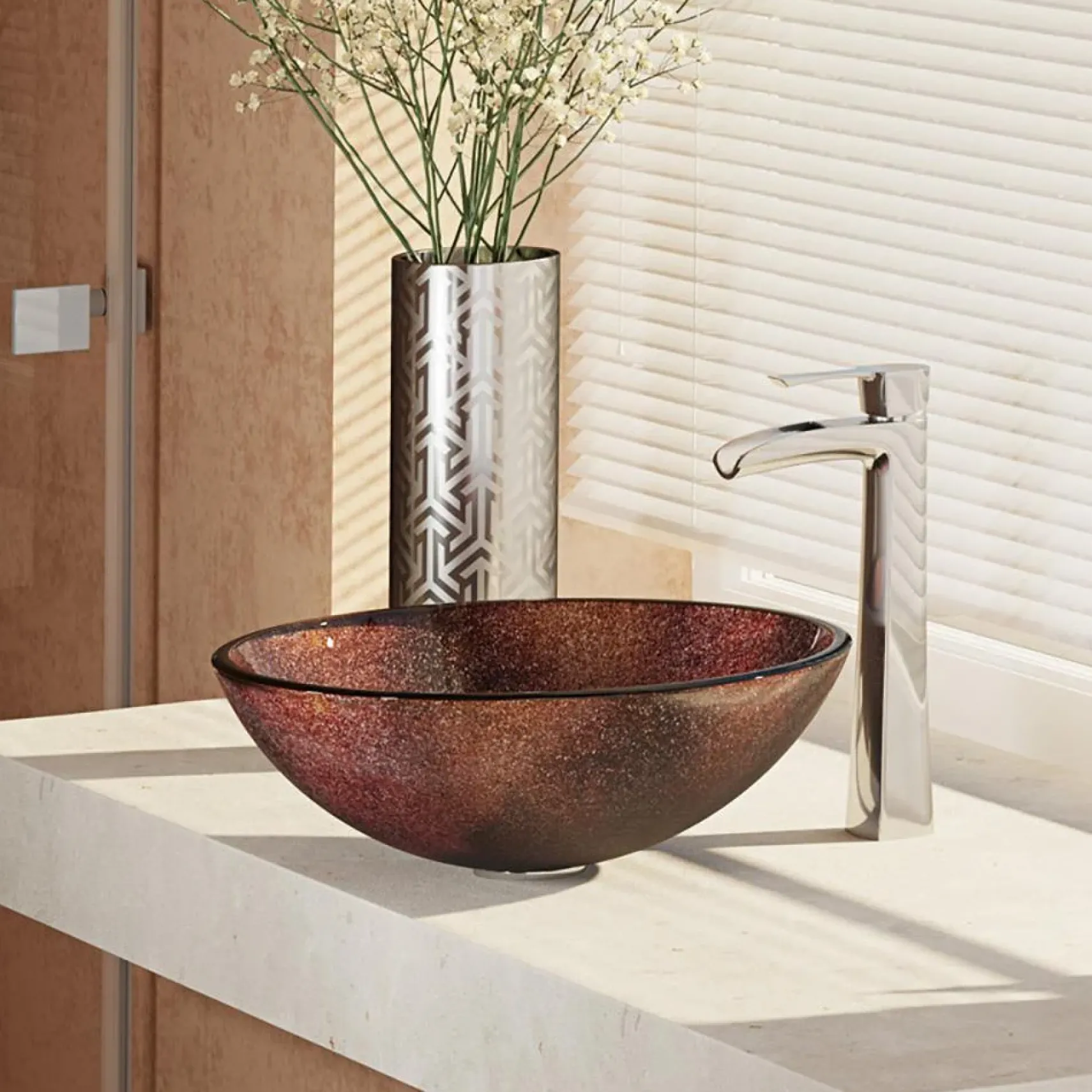 Rene 17" Round Glass Bathroom Sink, Multi-Color, with Faucet, R5-5014-R9-7007-C