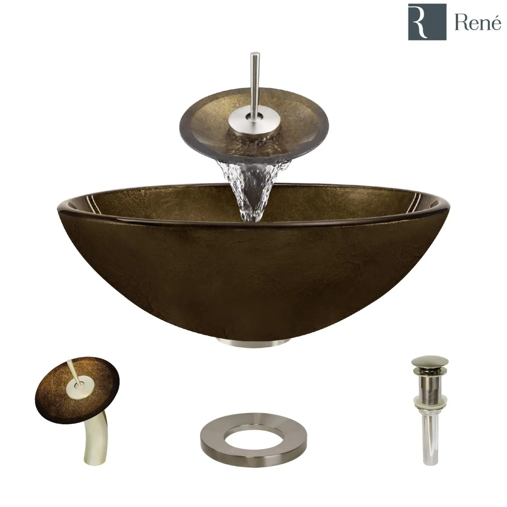 Rene 17" Round Glass Bathroom Sink, Regal Bronze and Earth Tones, with Faucet, R5-5035-WF-BN