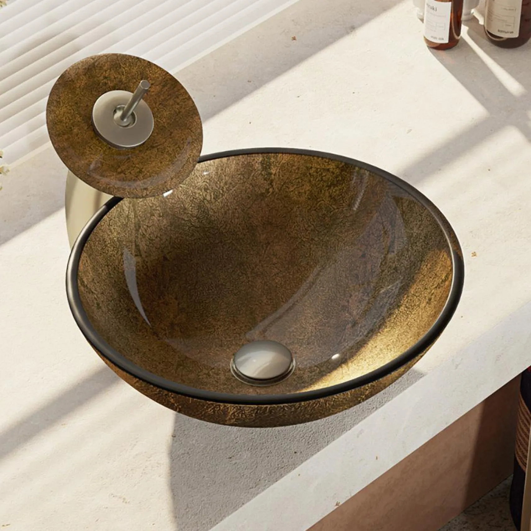 Rene 17" Round Glass Bathroom Sink, Regal Bronze and Earth Tones, with Faucet, R5-5035-WF-BN