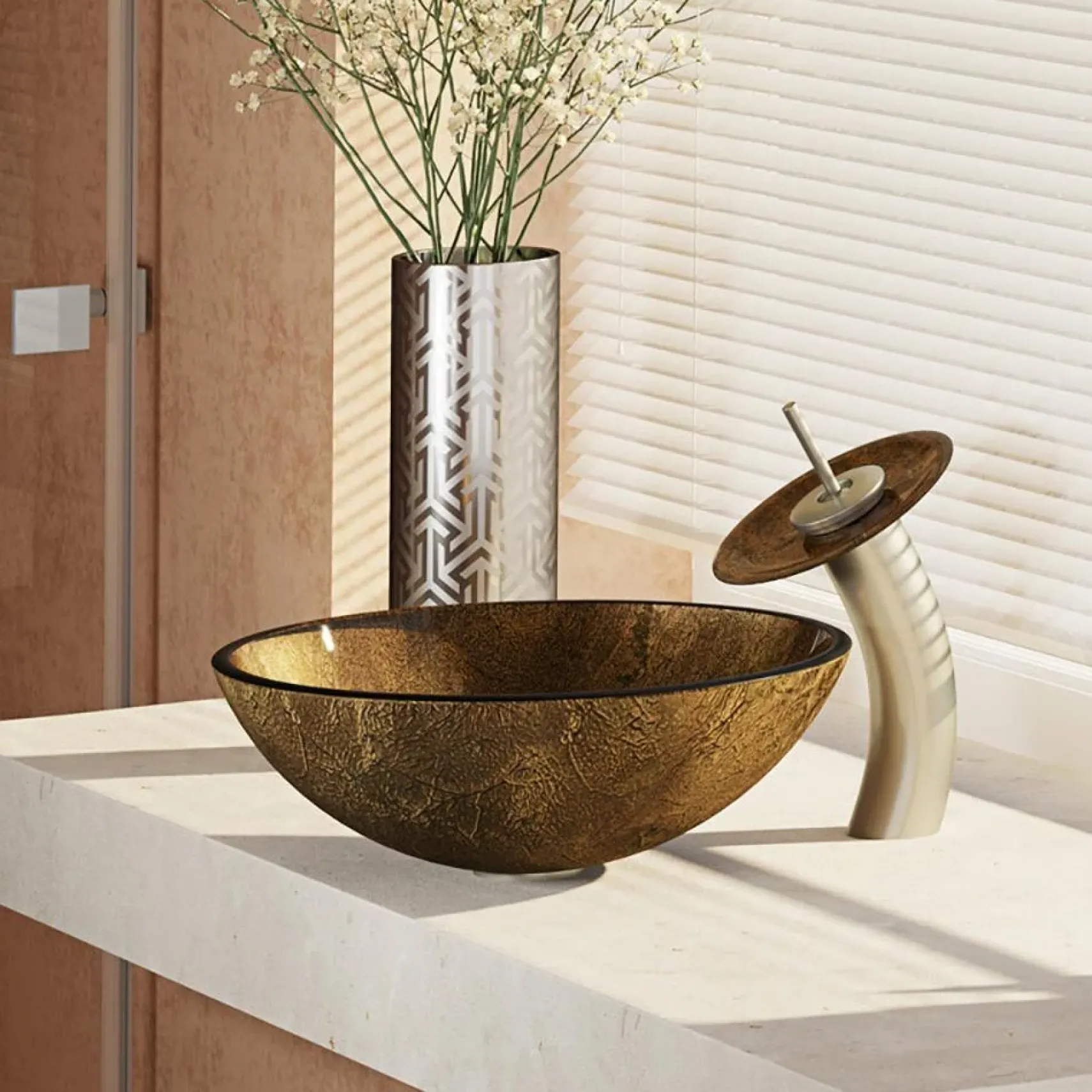 Rene 17" Round Glass Bathroom Sink, Regal Bronze and Earth Tones, with Faucet, R5-5035-WF-BN