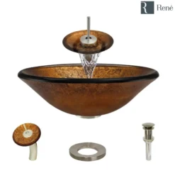 Rene 18" Round Glass Bathroom Sink, Orange Gold Foil, with Faucet, R5-5013-WF-BN