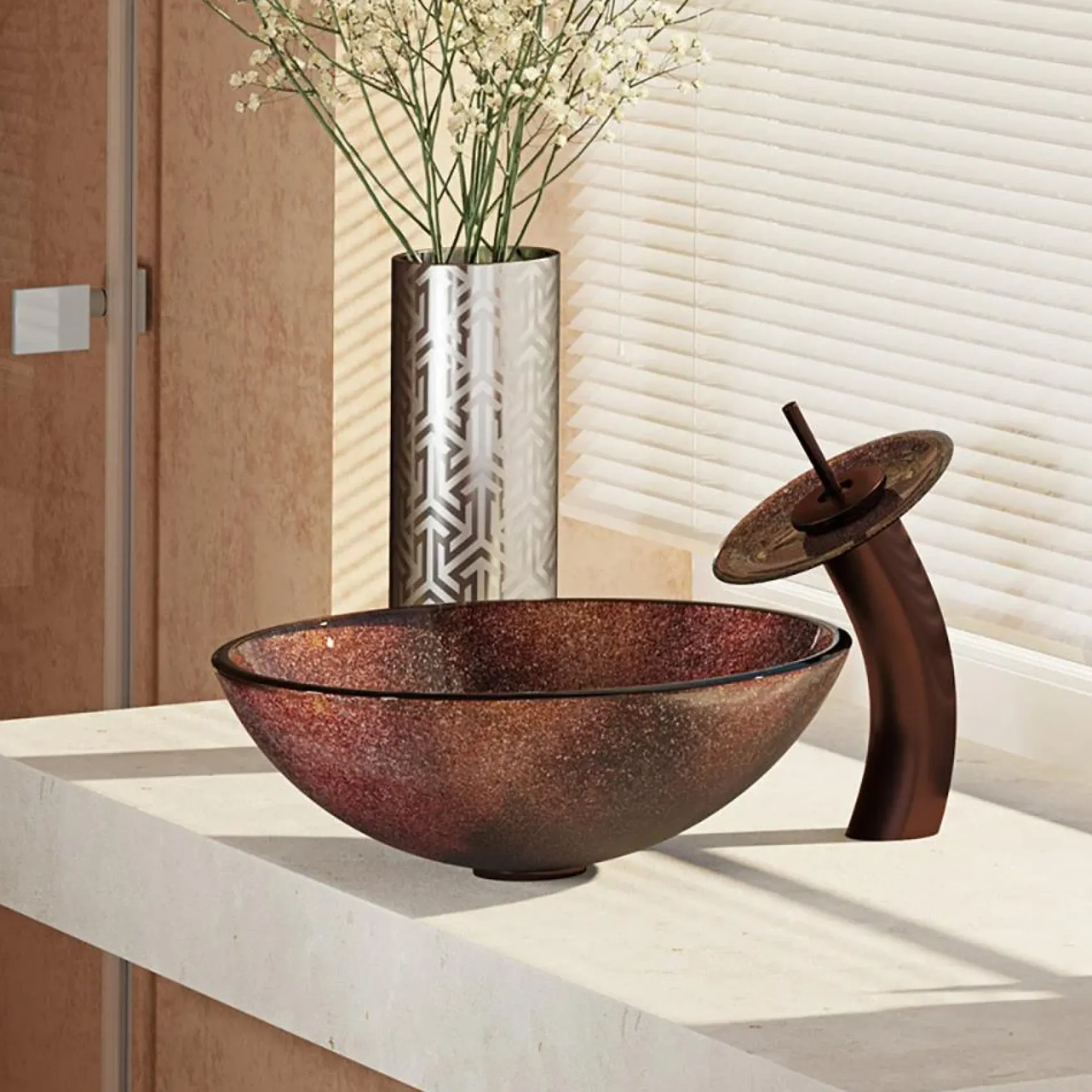 Rene 17" Round Glass Bathroom Sink, Multi-Color, with Faucet, R5-5014-WF-ORB