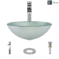 Rene 17" Round Glass Bathroom Sink, Sparkling Silver, with Faucet, R5-5034-R9-7003-C
