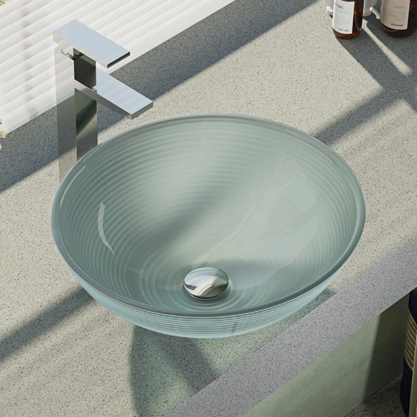 Rene 17" Round Glass Bathroom Sink, Sparkling Silver, with Faucet, R5-5034-R9-7003-C