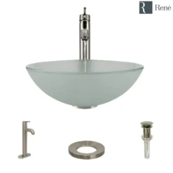 Rene 17" Round Glass Bathroom Sink, Frosted, with Faucet, R5-5002-R9-7001-BN