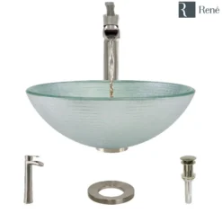 Rene 17" Round Glass Bathroom Sink, Sparkling Silver, with Faucet, R5-5034-R9-7007-BN