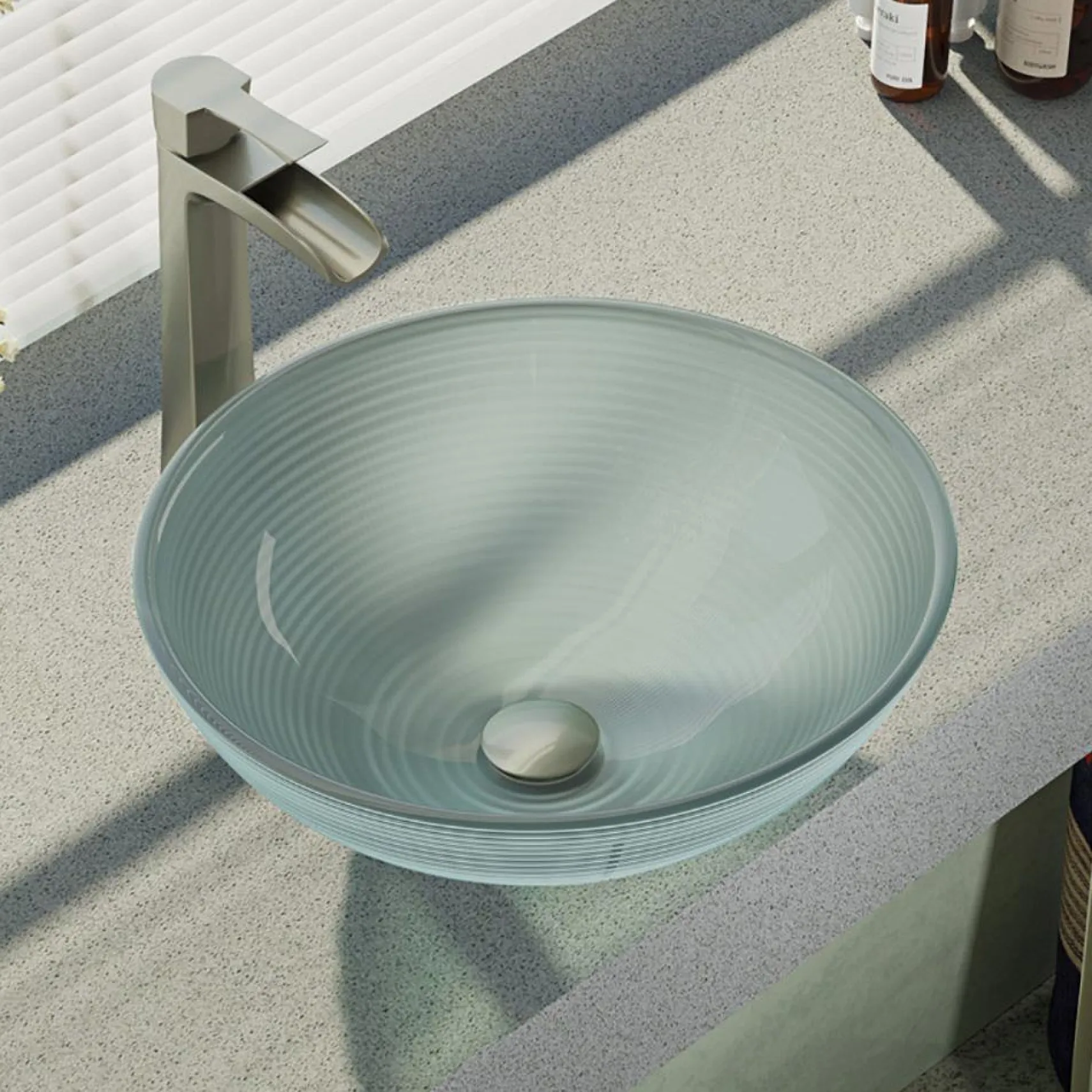 Rene 17" Round Glass Bathroom Sink, Sparkling Silver, with Faucet, R5-5034-R9-7007-BN