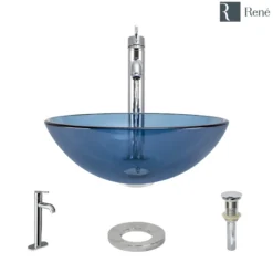 Rene 17" Round Glass Bathroom Sink, Celeste, with Faucet, R5-5001-CEL-R9-7001-C