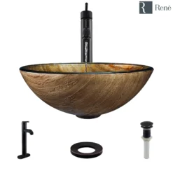 Rene 17" Round Glass Bathroom Sink, Bronze, with Faucet, R5-5030-R9-7001-ABR