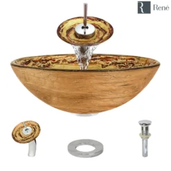 Rene 17" Round Glass Bathroom Sink, Golden and auburn, with Faucet, R5-5029-WF-C