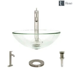 Rene 17" Round Glass Bathroom Sink, Crystal, with Faucet, R5-5001-CRY-R9-7001-BN