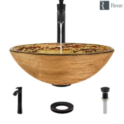 Rene 17" Round Glass Bathroom Sink, Golden and auburn, with Faucet, R5-5029-R9-7006-ABR