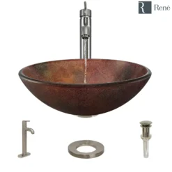 Rene 17" Round Glass Bathroom Sink, Multi-Color, with Faucet, R5-5014-R9-7001-BN
