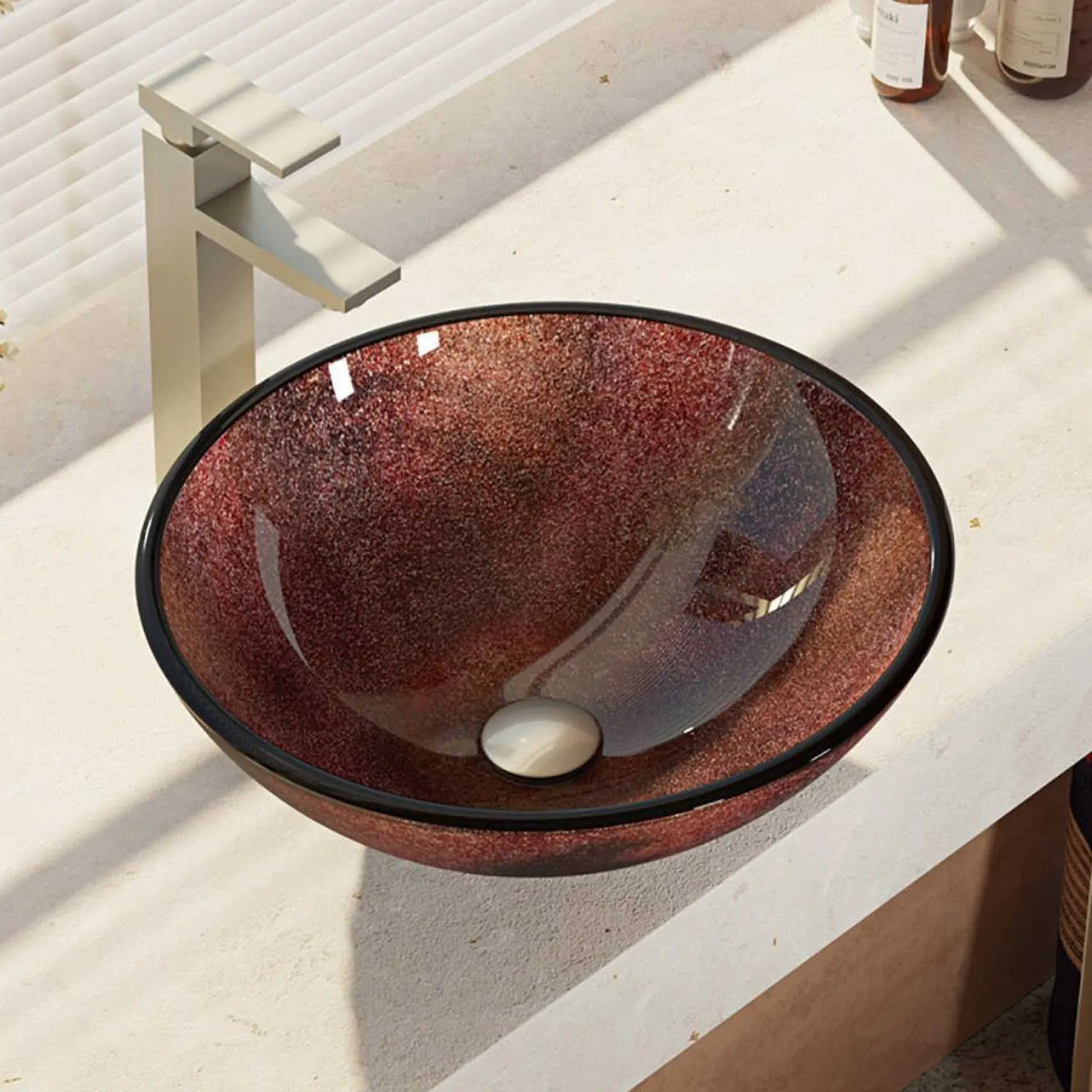 Rene 17" Round Glass Bathroom Sink, Multi-Color, with Faucet, R5-5014-R9-7003-BN