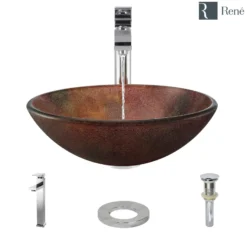 Rene 17" Round Glass Bathroom Sink, Multi-Color, with Faucet, R5-5014-R9-7003-C