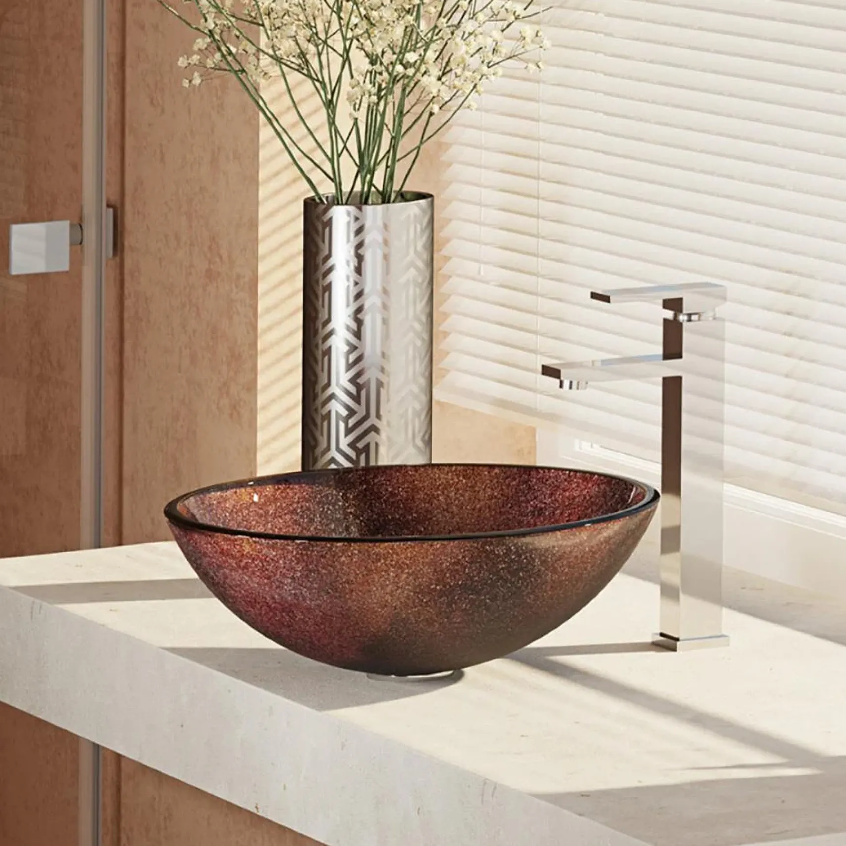 Rene 17" Round Glass Bathroom Sink, Multi-Color, with Faucet, R5-5014-R9-7003-C