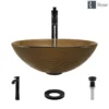 Rene 17" Round Glass Bathroom Sink, Beach Sand, with Faucet, R5-5025-R9-7006-ABR