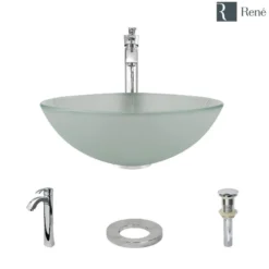 Rene 17" Round Glass Bathroom Sink, Frosted, with Faucet, R5-5002-R9-7006-C