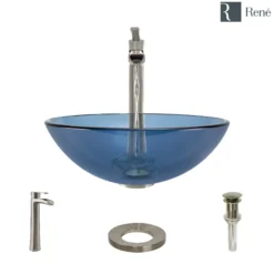 Rene 17" Round Glass Bathroom Sink, Celeste, with Faucet, R5-5001-CEL-R9-7007-BN