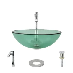 Rene 17" Round Glass Bathroom Sink, Ivy, with Faucet, R5-5001-IVY-R9-7006-C