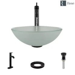 Rene 17" Round Glass Bathroom Sink, Frosted, with Faucet, R5-5002-R9-7001-ABR