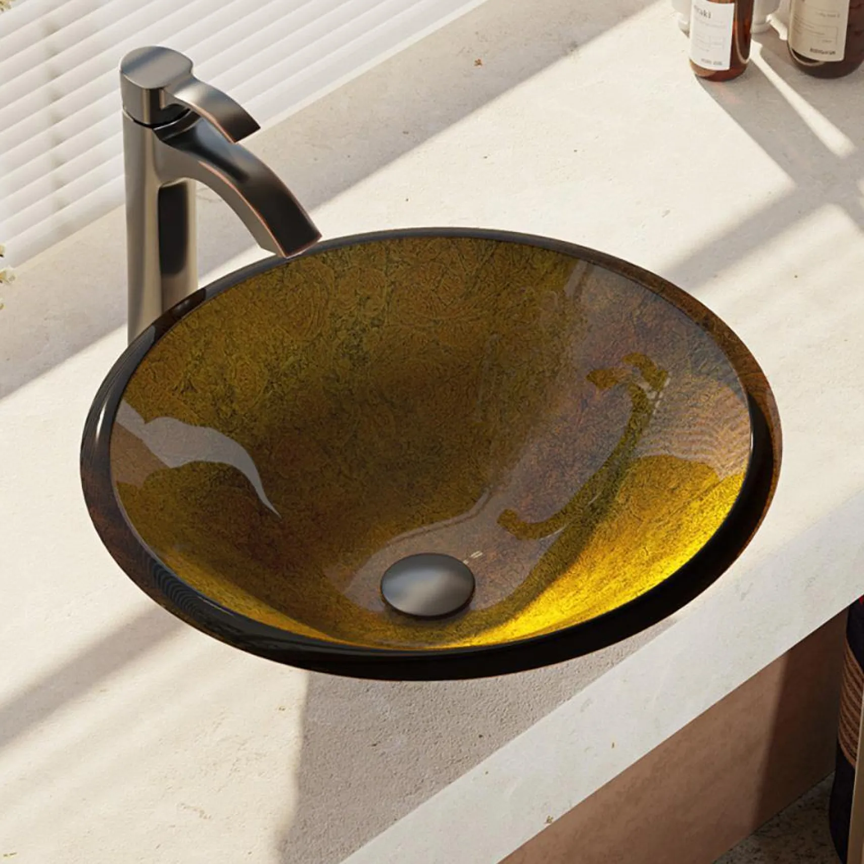Rene 18" Round Glass Bathroom Sink, Orange Gold Foil, with Faucet, R5-5013-R9-7006-ABR