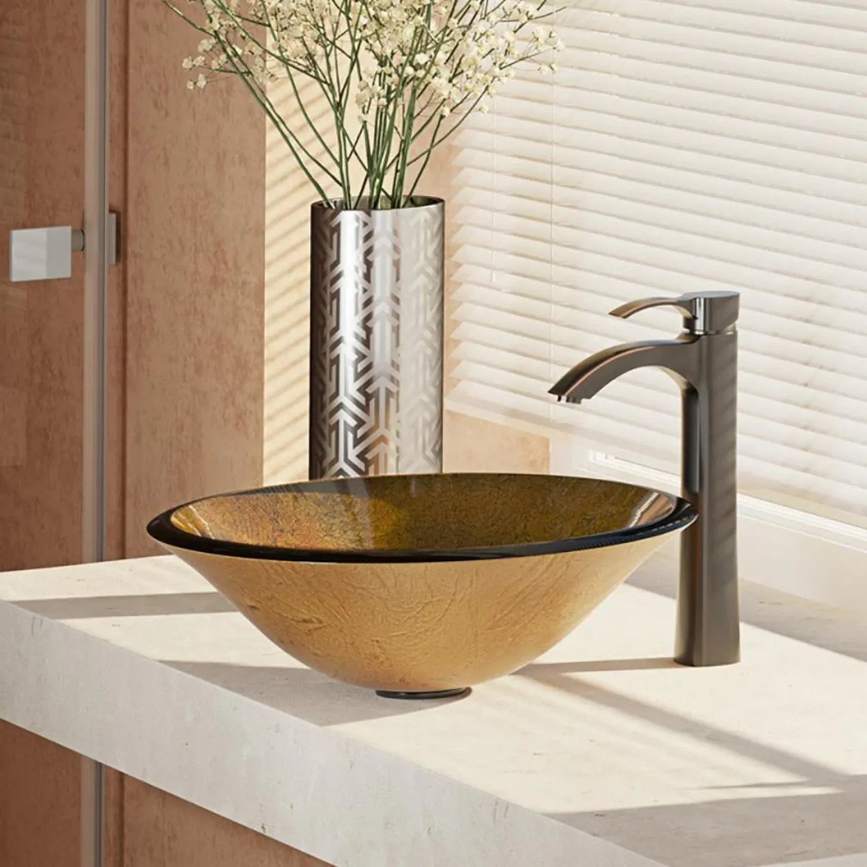 Rene 18" Round Glass Bathroom Sink, Orange Gold Foil, with Faucet, R5-5013-R9-7006-ABR