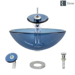 Rene 17" Round Glass Bathroom Sink, Celeste, with Faucet, R5-5001-CEL-WF-C