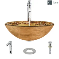 Rene 17" Round Glass Bathroom Sink, Golden and auburn, with Faucet, R5-5029-R9-7006-C
