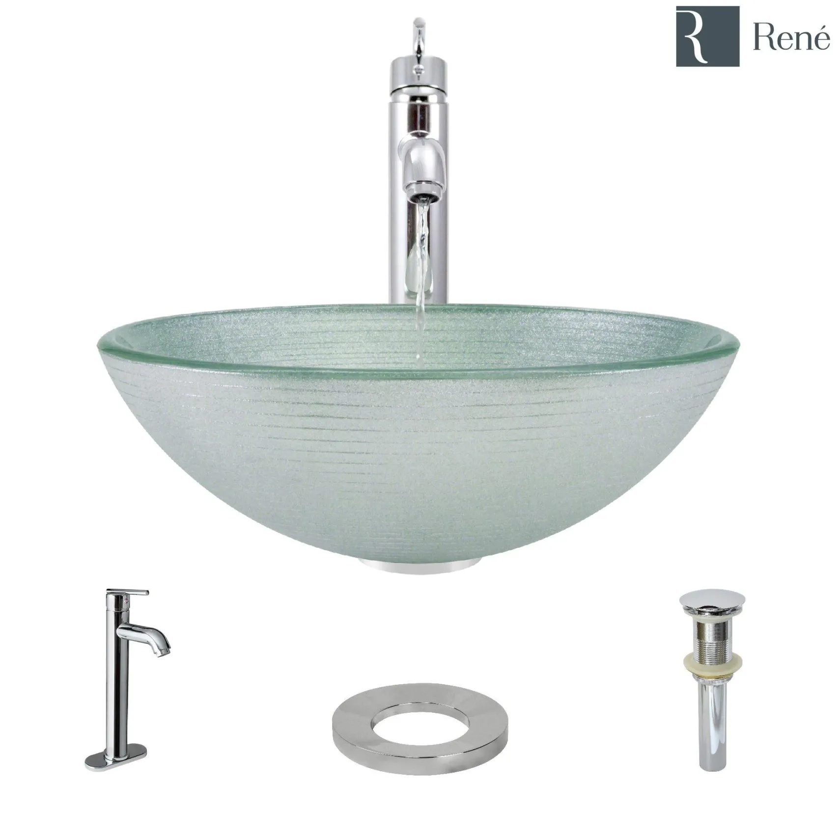 Rene 17" Round Glass Bathroom Sink, Sparkling Silver, with Faucet, R5-5034-R9-7001-C