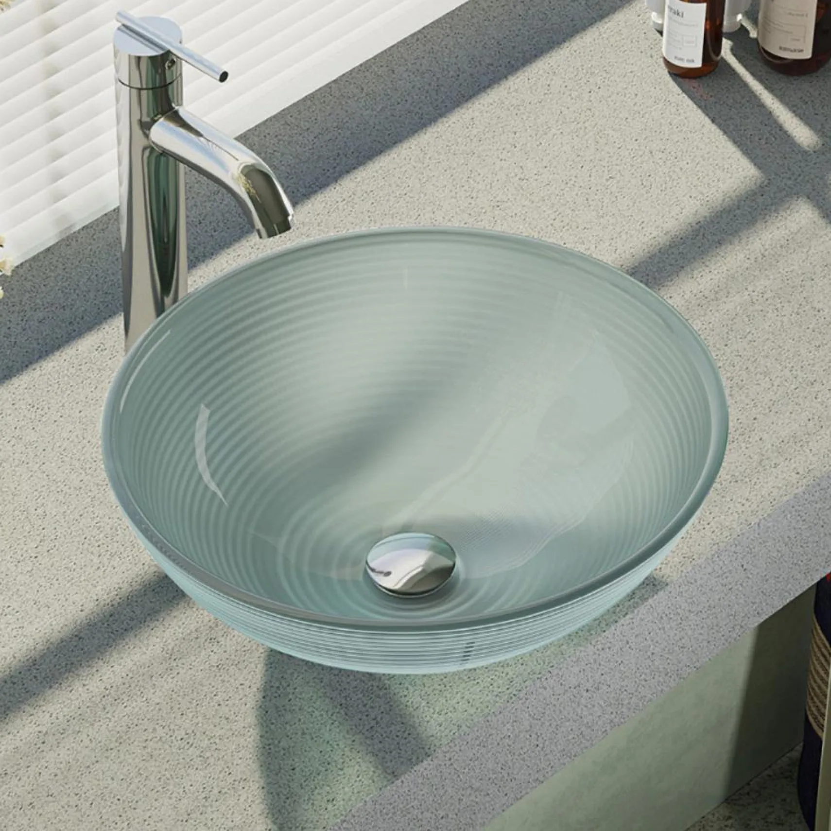 Rene 17" Round Glass Bathroom Sink, Sparkling Silver, with Faucet, R5-5034-R9-7001-C