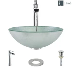 Rene 17" Round Glass Bathroom Sink, Sparkling Silver, with Faucet, R5-5034-R9-7007-C