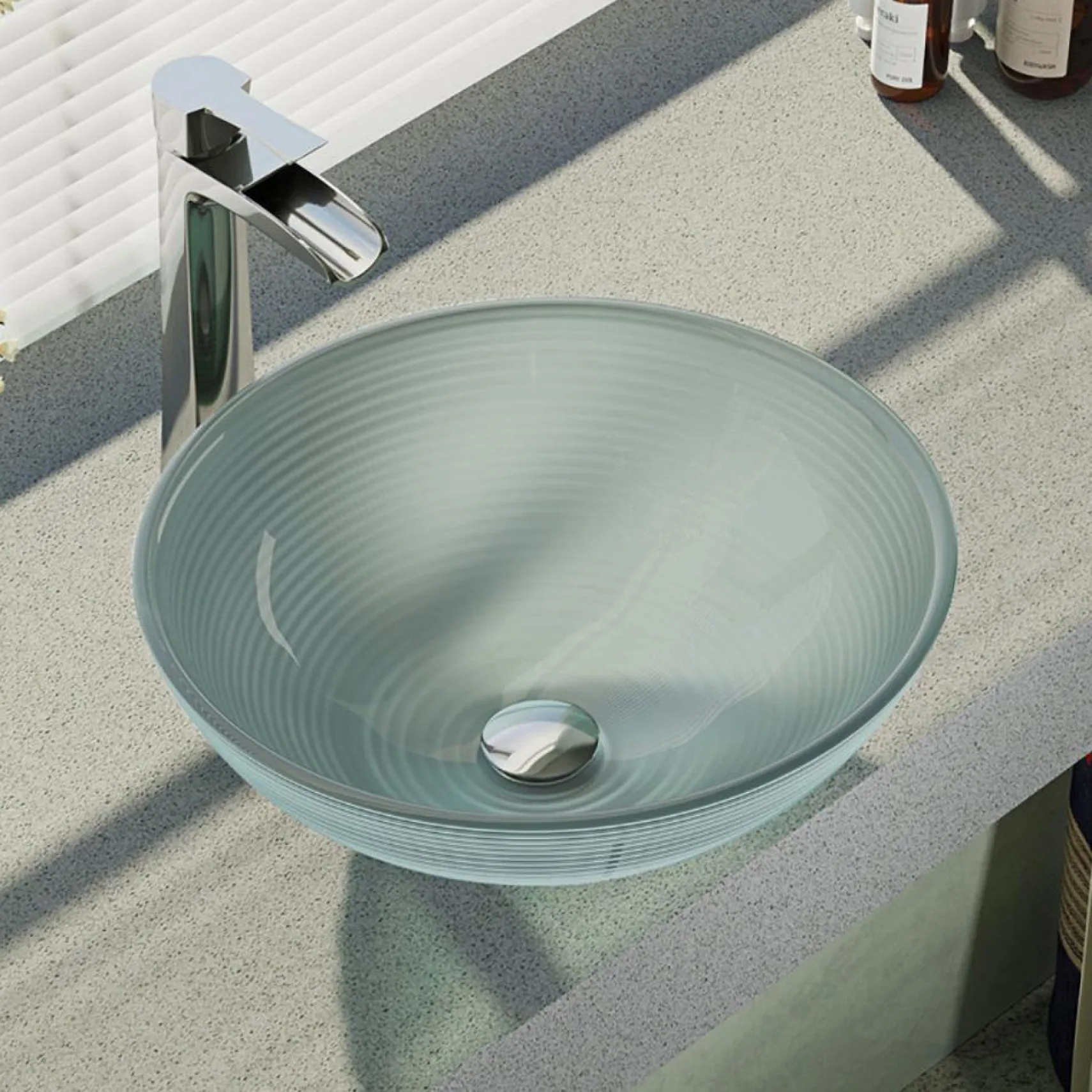 Rene 17" Round Glass Bathroom Sink, Sparkling Silver, with Faucet, R5-5034-R9-7007-C