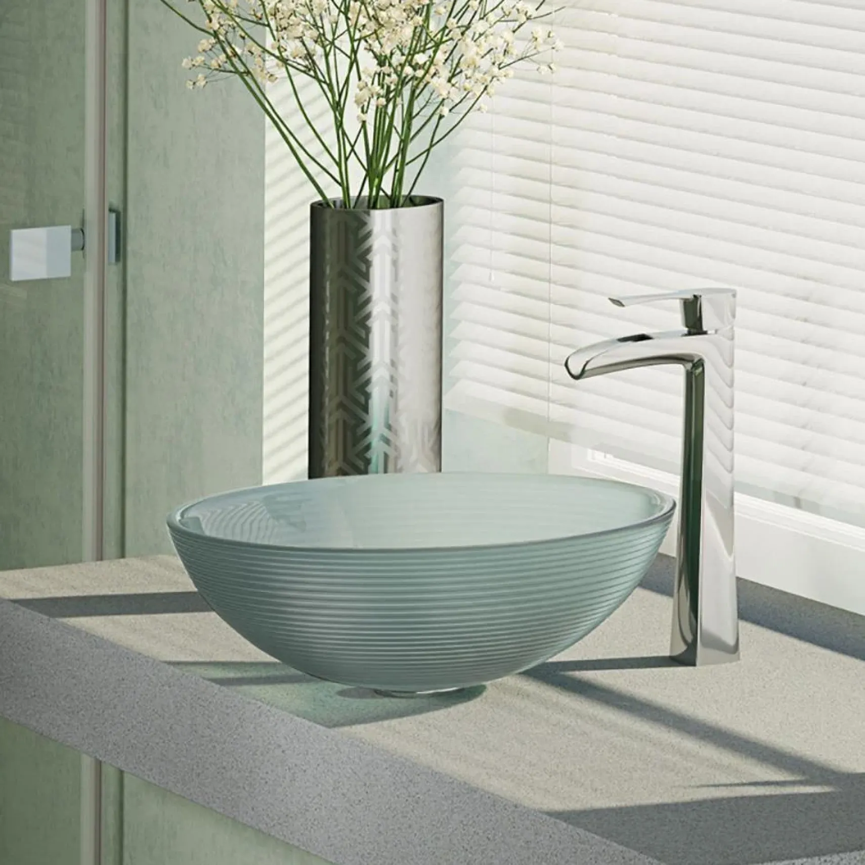 Rene 17" Round Glass Bathroom Sink, Sparkling Silver, with Faucet, R5-5034-R9-7007-C