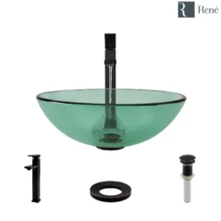Rene 17" Round Glass Bathroom Sink, Ivy, with Faucet, R5-5001-IVY-R9-7003-ABR