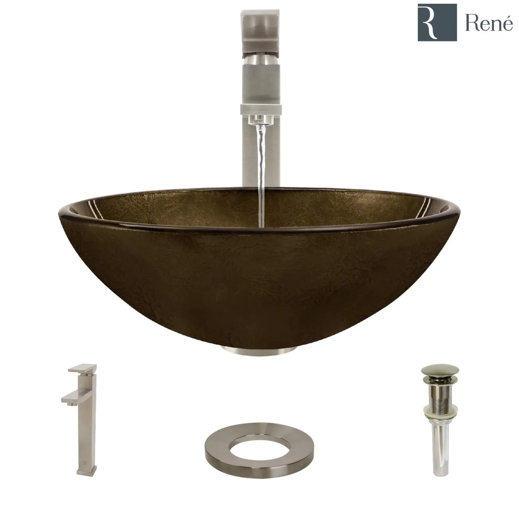 Rene 17" Round Glass Bathroom Sink, Regal Bronze and Earth Tones, with Faucet, R5-5035-R9-7003-BN